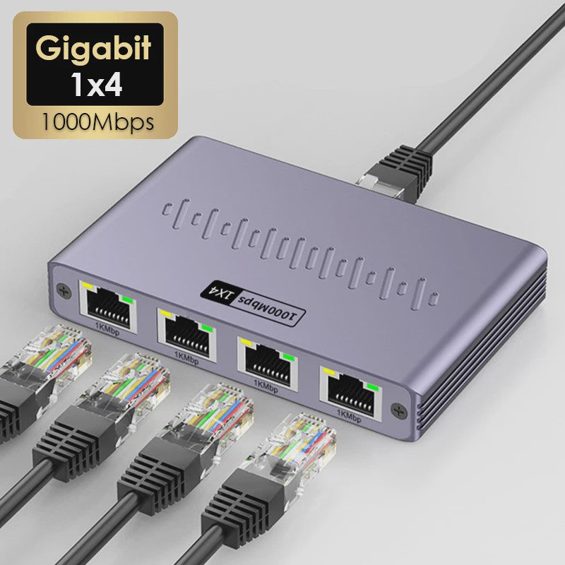 Gigabit 1x4 Ethernet Splitter 1000Mbps RJ45 LAN - Verdeel Internet naar 4 Apparaten