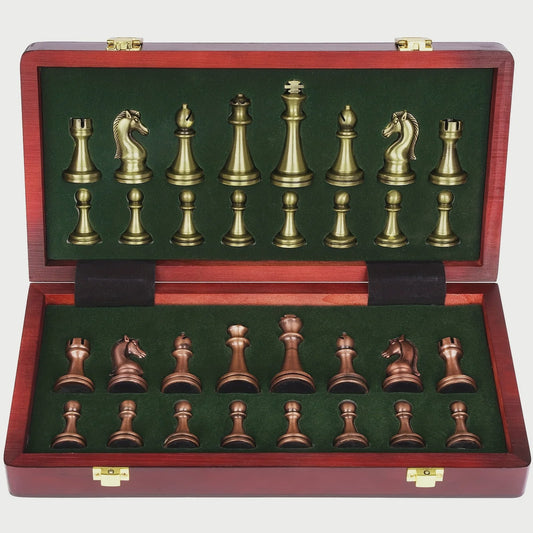 Luxe Metalen Schaakspel met Houten Koffer - Retro Design & Draagbaar