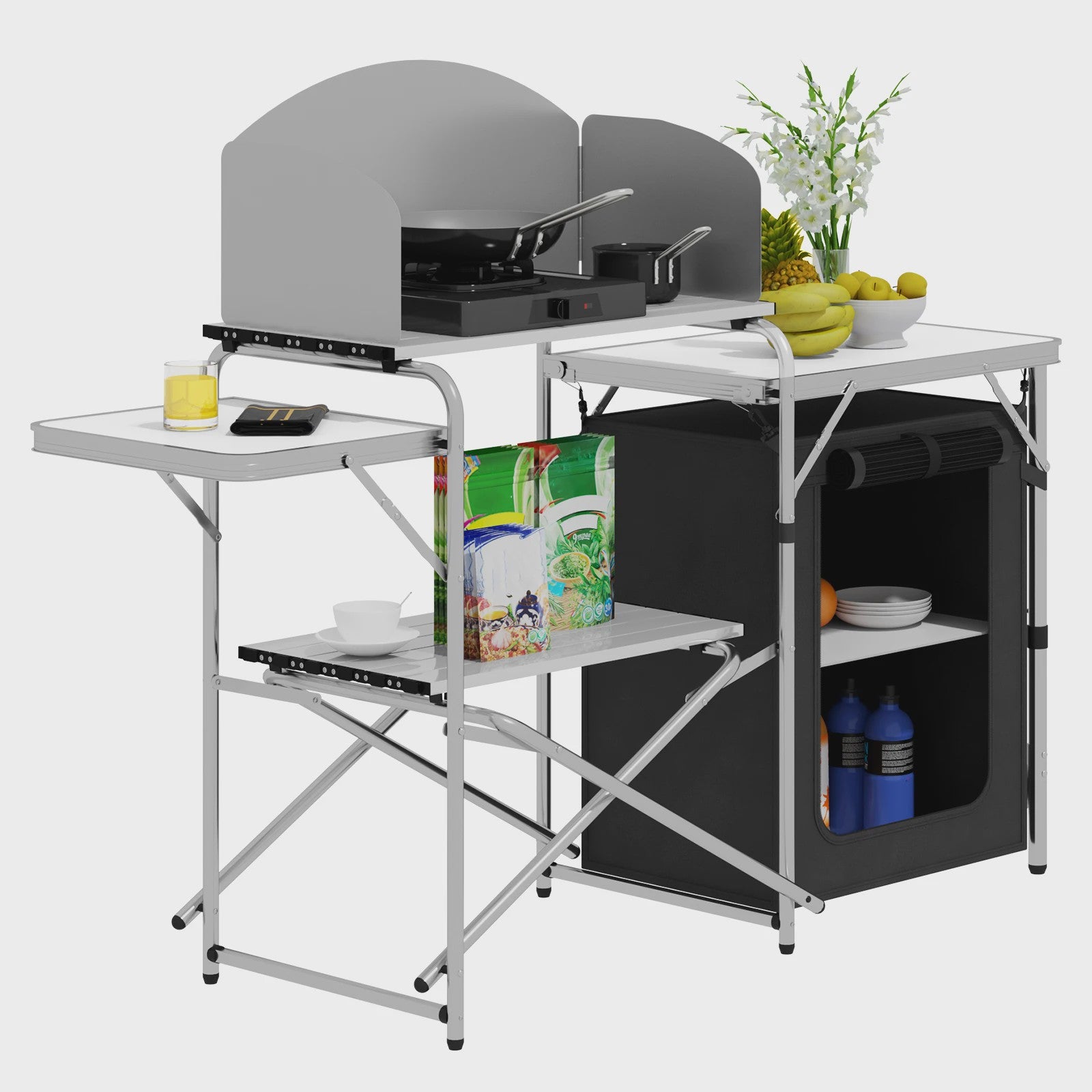 Opvouwbare Aluminium Campingkeuken met Opbergkast en Windscherm - Ideaal voor Buiten