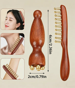 Houten Meridian Kam met Koperen Tanden & Massage Stick voor Hoofd en Lichaam