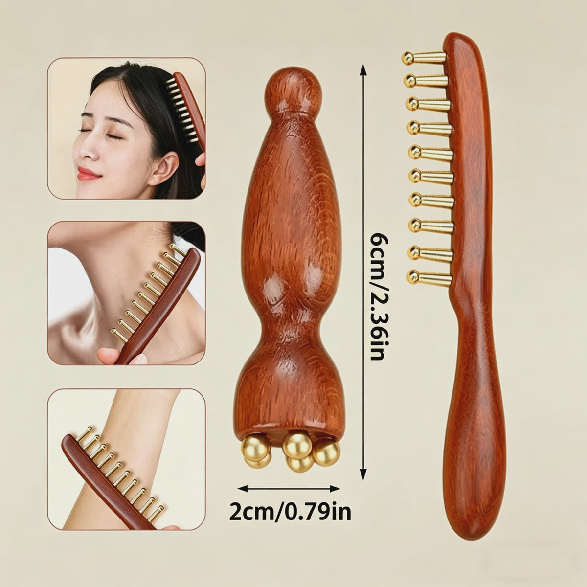 Houten Meridian Kam met Koperen Tanden & Massage Stick voor Hoofd en Lichaam