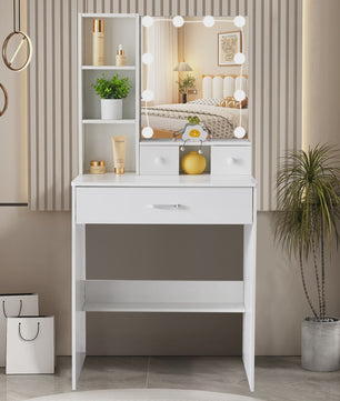 Witte Kaptafel met LED Verlichting & Spiegel - Compact Make-up Tafelmeubel voor Kleine Ruimtes