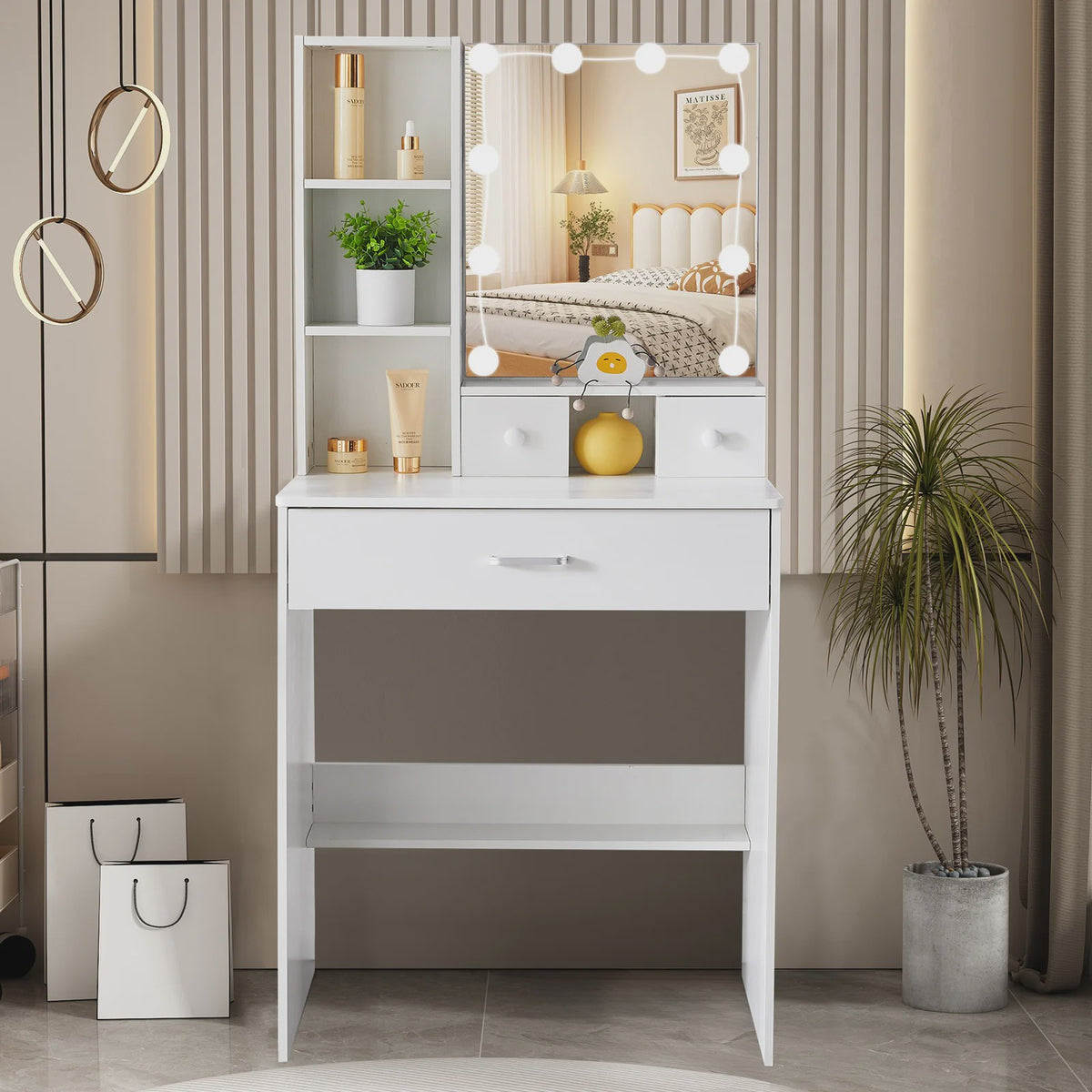 Witte Kaptafel met LED Verlichting & Spiegel - Compact Make-up Tafelmeubel voor Kleine Ruimtes