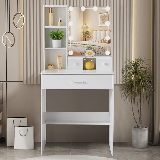 Witte Kaptafel met LED Verlichting & Spiegel - Compact Make-up Tafelmeubel voor Kleine Ruimtes