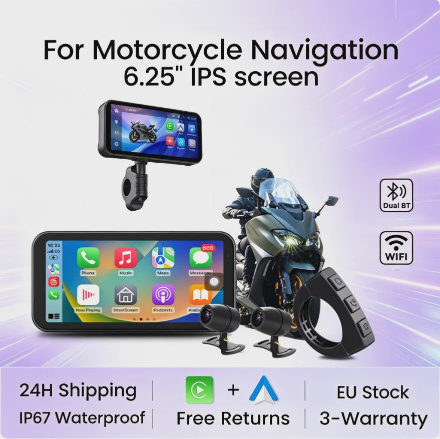 6.25" Motorfiets Navigatie & DVR met Draadloze CarPlay/Android Auto - Waterdicht IP67