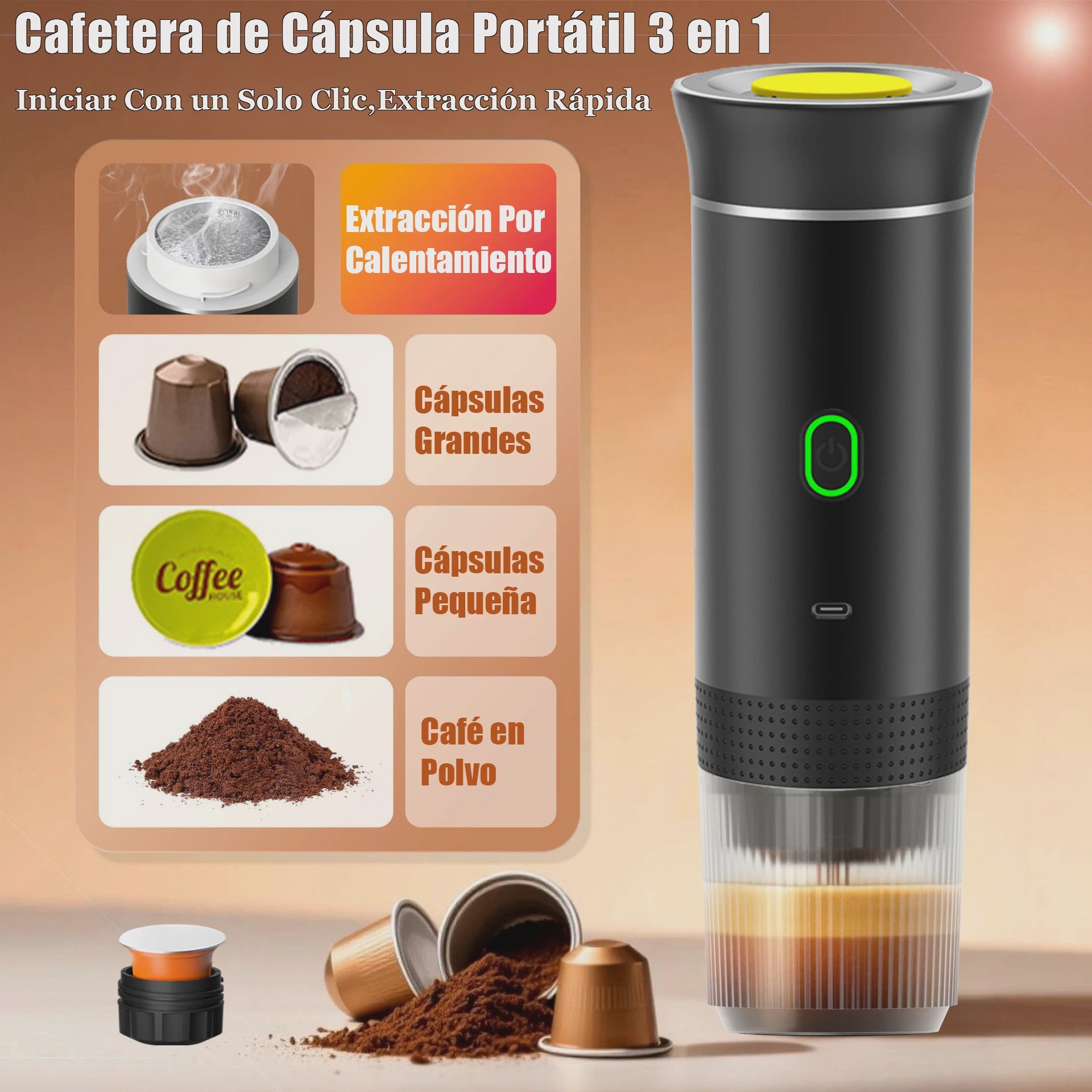 3-in-1 Draagbare Koffiemachine: Draadloos, Elektrisch & Compact voor Auto, Thuis & Camping