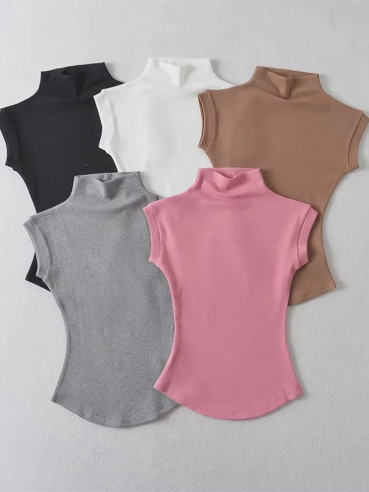 Dames Zomer Mouwloze Turtleneck Top - Slim Fit Basic T-shirt