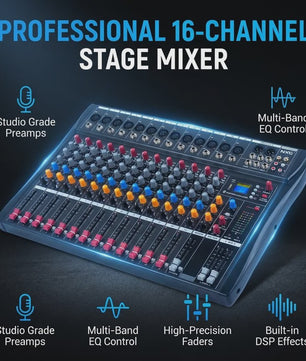 Yamnweo CT16 Professionele 16-Kanaals Audio Mixer met DSP Effecten, Bluetooth & USB