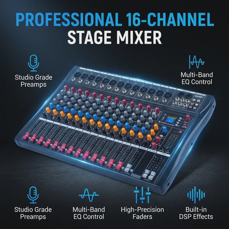 Yamnweo CT16 Professionele 16-Kanaals Audio Mixer met DSP Effecten, Bluetooth & USB