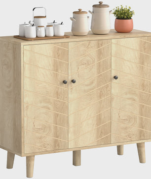 HOMCOM Buffetkast met 3 Deuren, Visgraatmotief en Houten Poten - Natuurlijk Hout, 88x30x76cm