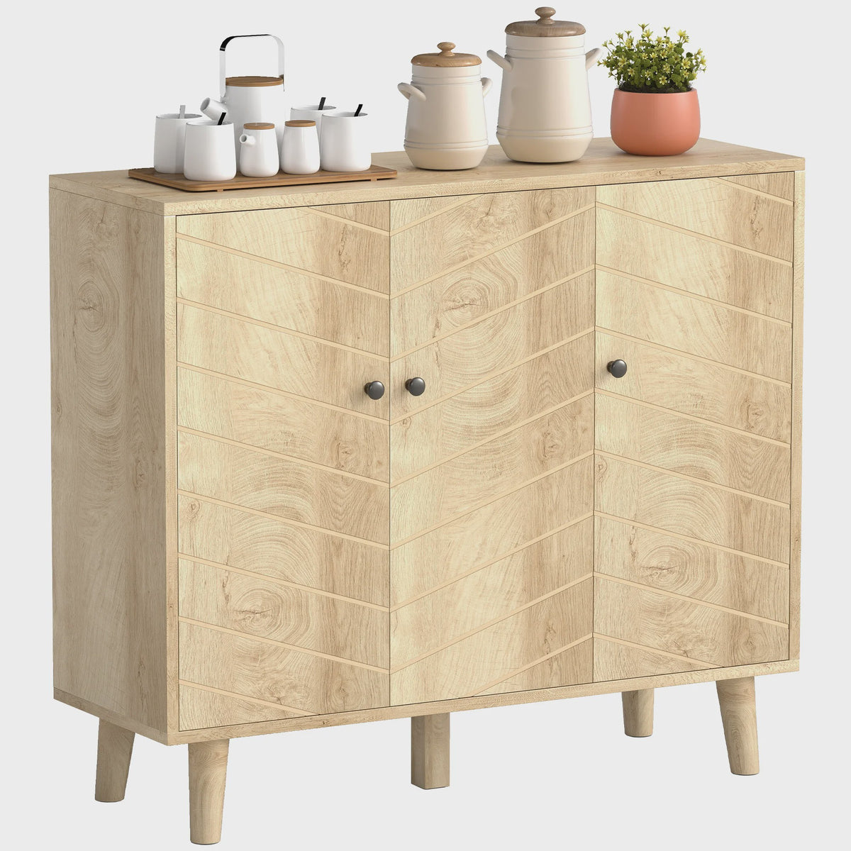 HOMCOM Buffetkast met 3 Deuren, Visgraatmotief en Houten Poten - Natuurlijk Hout, 88x30x76cm