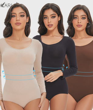POKARLA Spandex Elastic Body Suit Shapewear Women Body Shaper Tummy Control Long Sleeve Open Crotch Round Neck Seamless Shapers