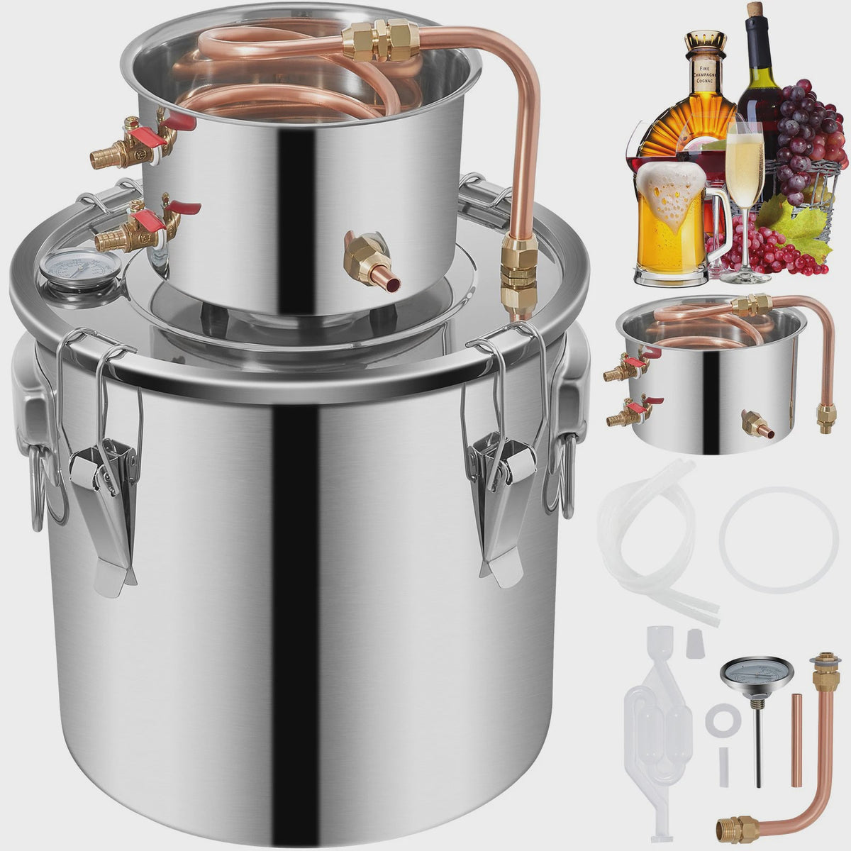 VEVOR 19L RVS Alcohol Distilleerder - Koperen Koeler voor Wijn, Whisky, Essentiële Olie