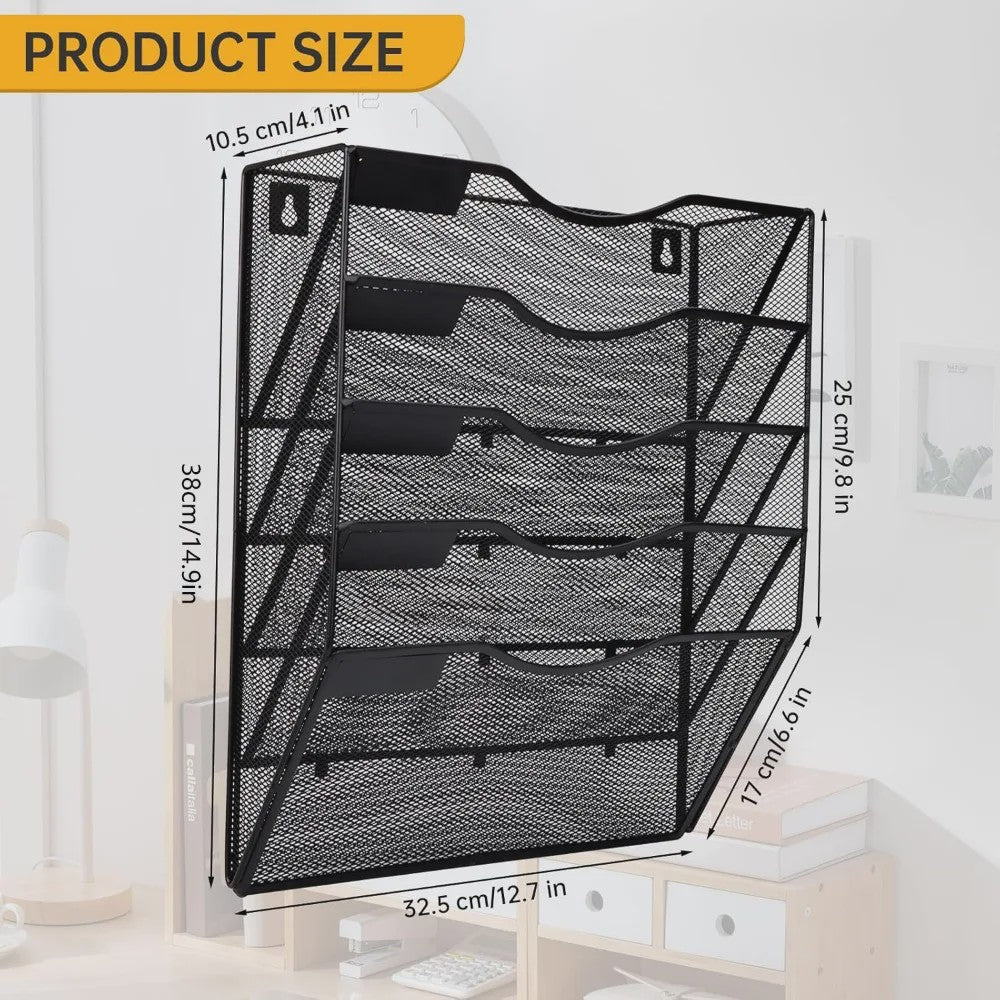 5-Vaks A4 Wand Organizer Mesh Documentenhouder Zwart Metaal