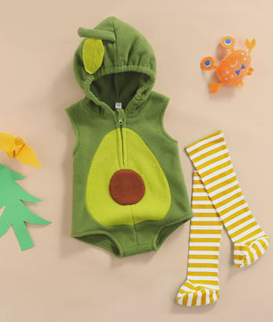 Schattige Avocado Romper met Capuchon en Gestreepte Sokken - Baby Halloween Outfit