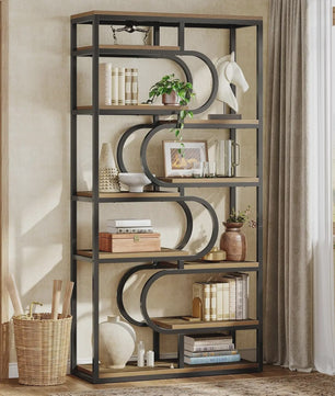 Industriële Boekenkast 180cm Hoog - 5 Lagen Open Opslag - Metaal & Hout Design