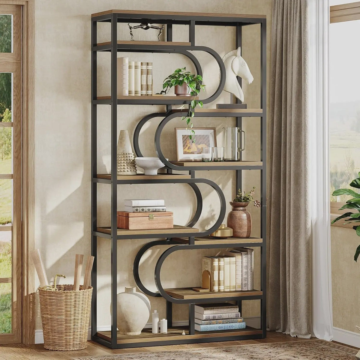 Industriële Boekenkast 180cm Hoog - 5 Lagen Open Opslag - Metaal & Hout Design