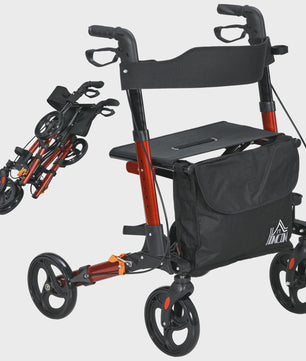 Opvouwbare Aluminium Rollator met 4 Wielen, Verstelbare Hoogte, Dubbele Remmen en Opbergtas - Rood