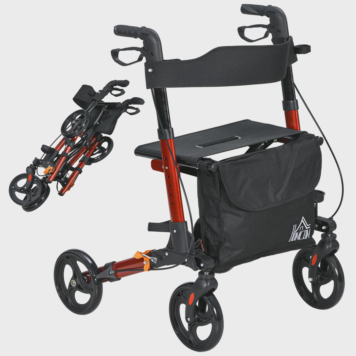 Opvouwbare Aluminium Rollator met 4 Wielen, Verstelbare Hoogte, Dubbele Remmen en Opbergtas - Rood