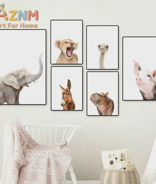 Schattige Safari Dieren Canvas Poster voor Kinderkamer - Olifant, Leeuw, Nijlpaard, Struisvogel, Varken