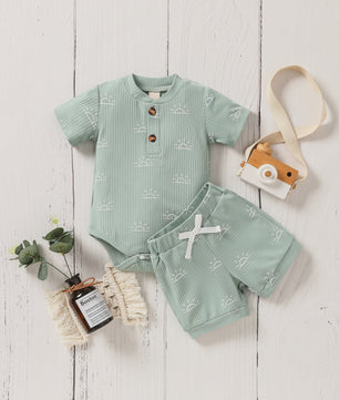 Schattige Baby Zomer Set: Korte Mouw Top & Broek met Zonneprint en Strik - Casual Outfit voor Pasgeborenen
