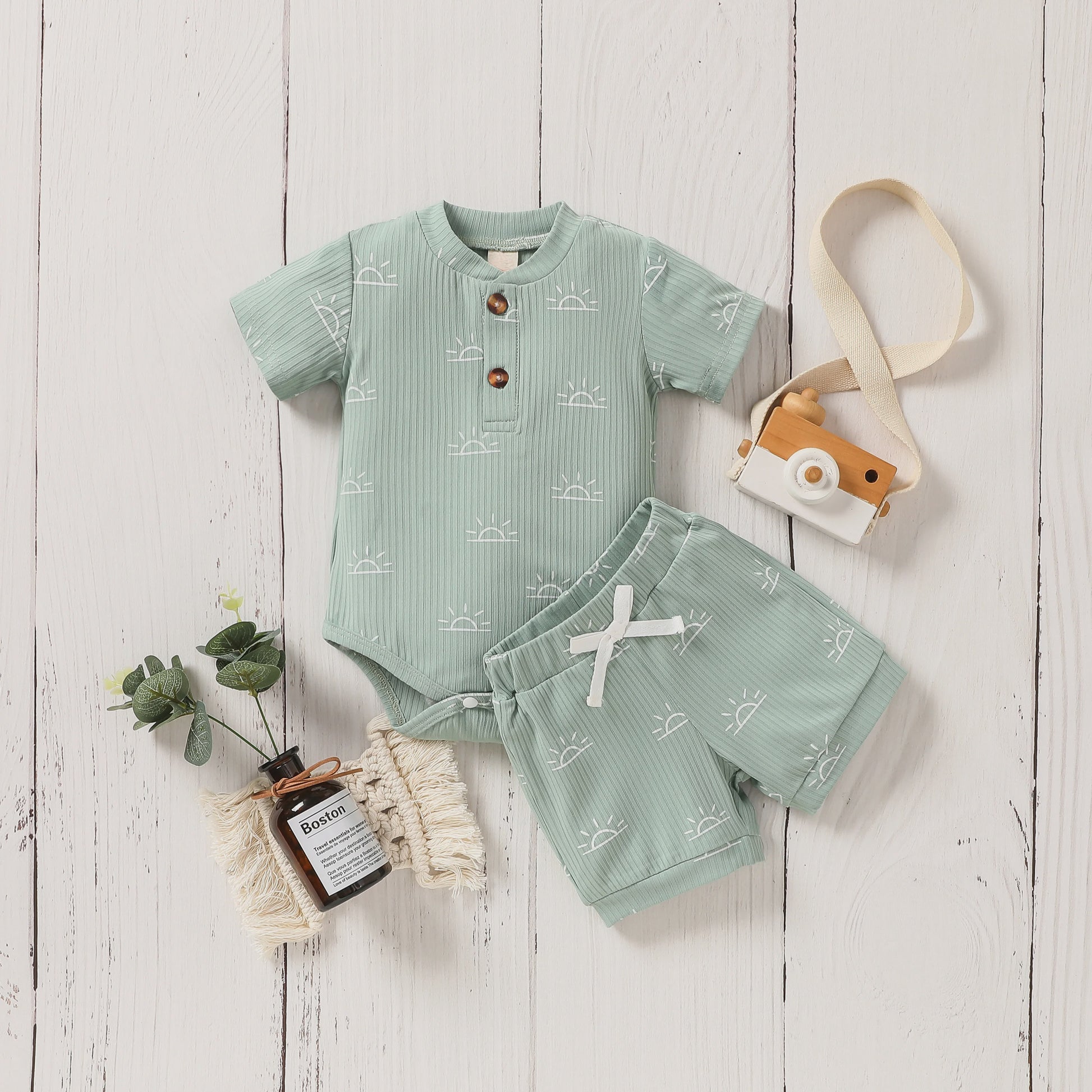 Schattige Baby Zomer Set: Korte Mouw Top & Broek met Zonneprint en Strik - Casual Outfit voor Pasgeborenen