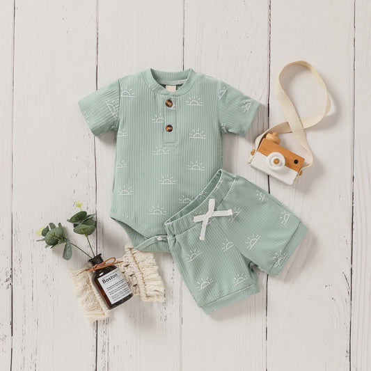 Schattige Baby Zomer Set: Korte Mouw Top & Broek met Zonneprint en Strik - Casual Outfit voor Pasgeborenen