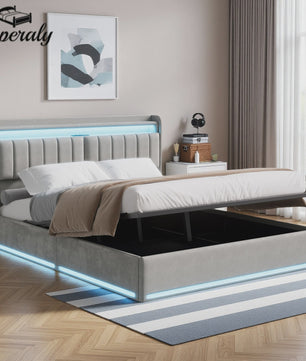 Luxe Gestoffeerd 140x200cm Bed met LED, USB & Hydraulische Opbergruimte