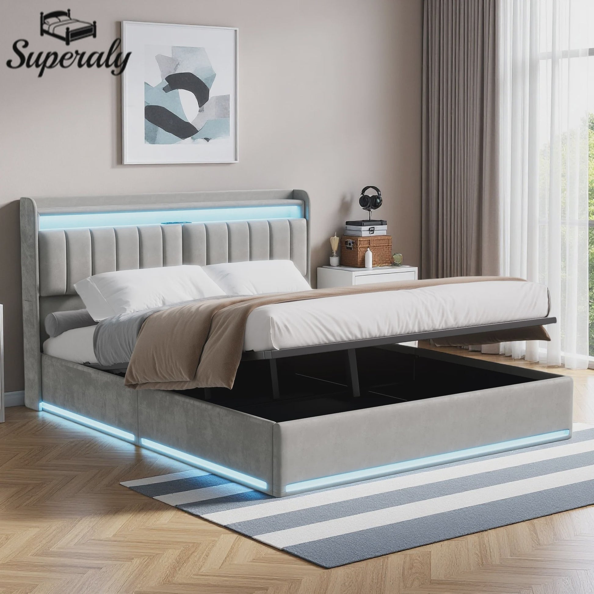 Luxe Gestoffeerd 140x200cm Bed met LED, USB & Hydraulische Opbergruimte