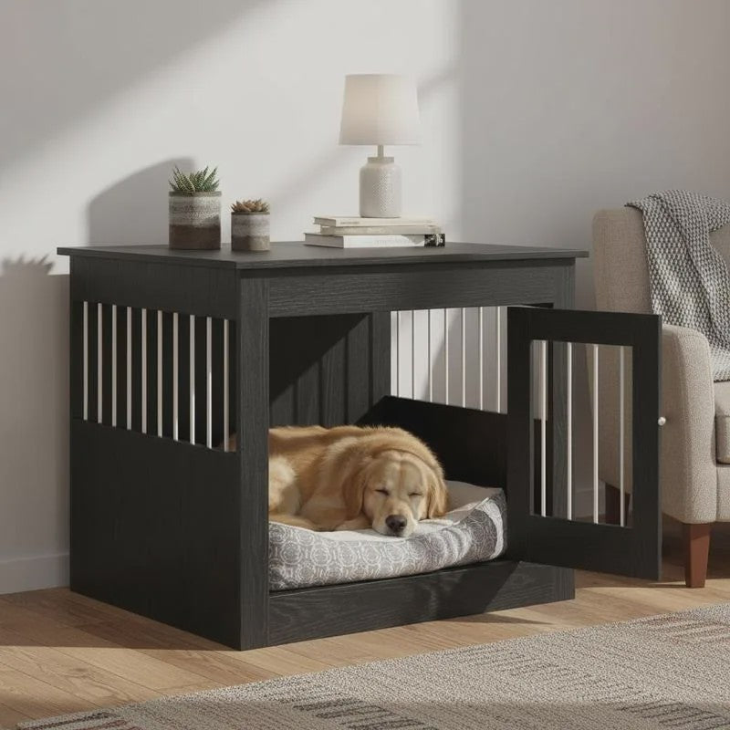 Hondenbench Meubel Zwart Eikenhout - Stijlvolle Hondenkennel & Bijzettafel voor Kleine tot Middelgrote Honden (55x80x68 cm)