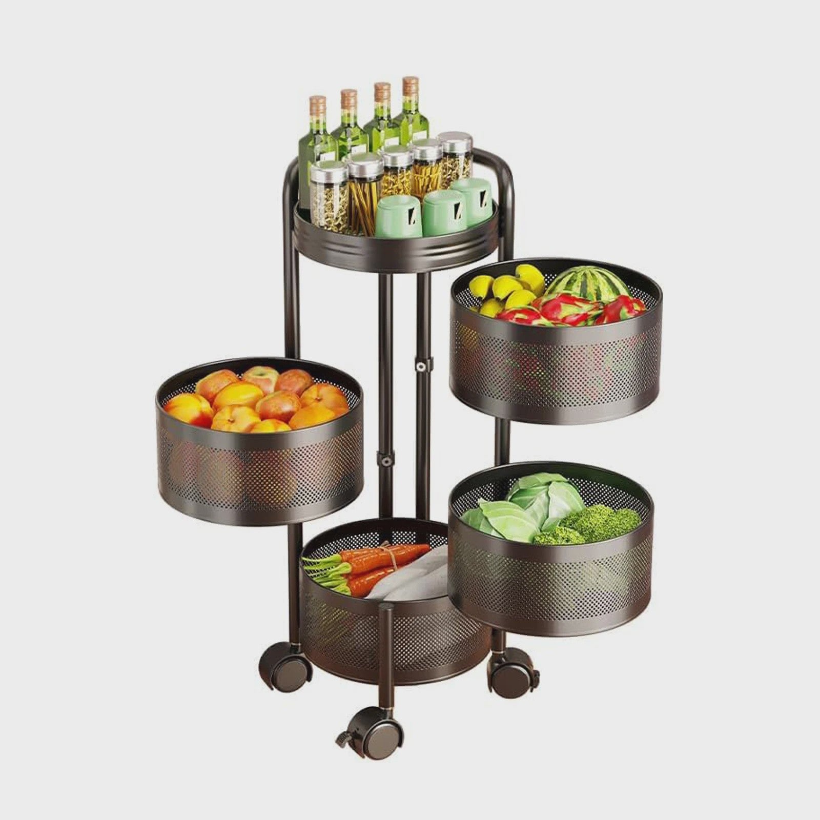 Draaibare Keuken Trolley 3-5 Laags - Carbon Staal Mesh Opbergrek met Wielen & Deksel