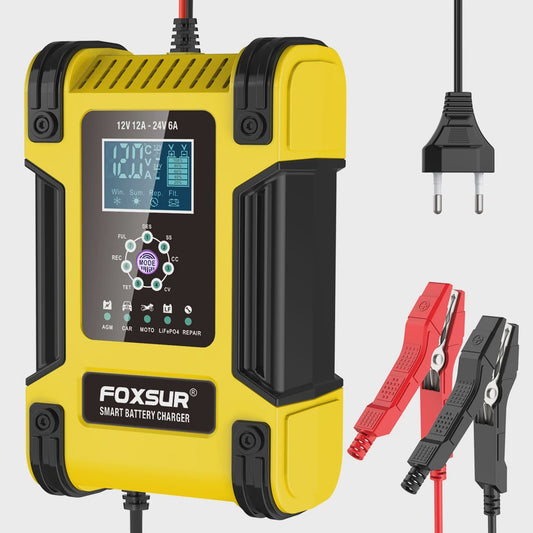 Foxsur Slimme Automatische Acculader 12V/24V met Digitaal Display en Reparatie Modus
