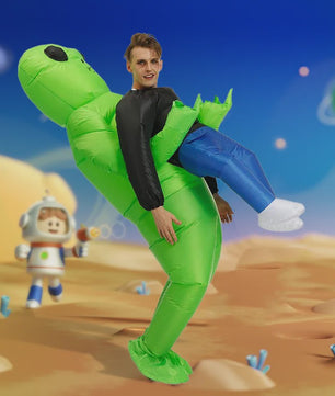 Opblaasbaar Buitenaards Kostuum - Groene Alien met Kind op Arm - Volwassen Feestkostuum