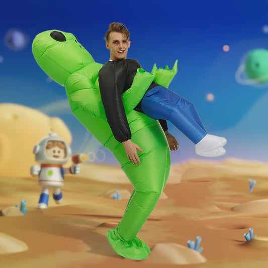 Opblaasbaar Buitenaards Kostuum - Groene Alien met Kind op Arm - Volwassen Feestkostuum