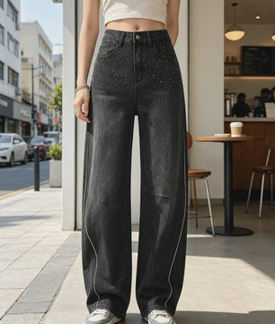 Dames Y2K Jeans met Strass en Wijde Pijpen - Zwart Gewassen Baggy Denim