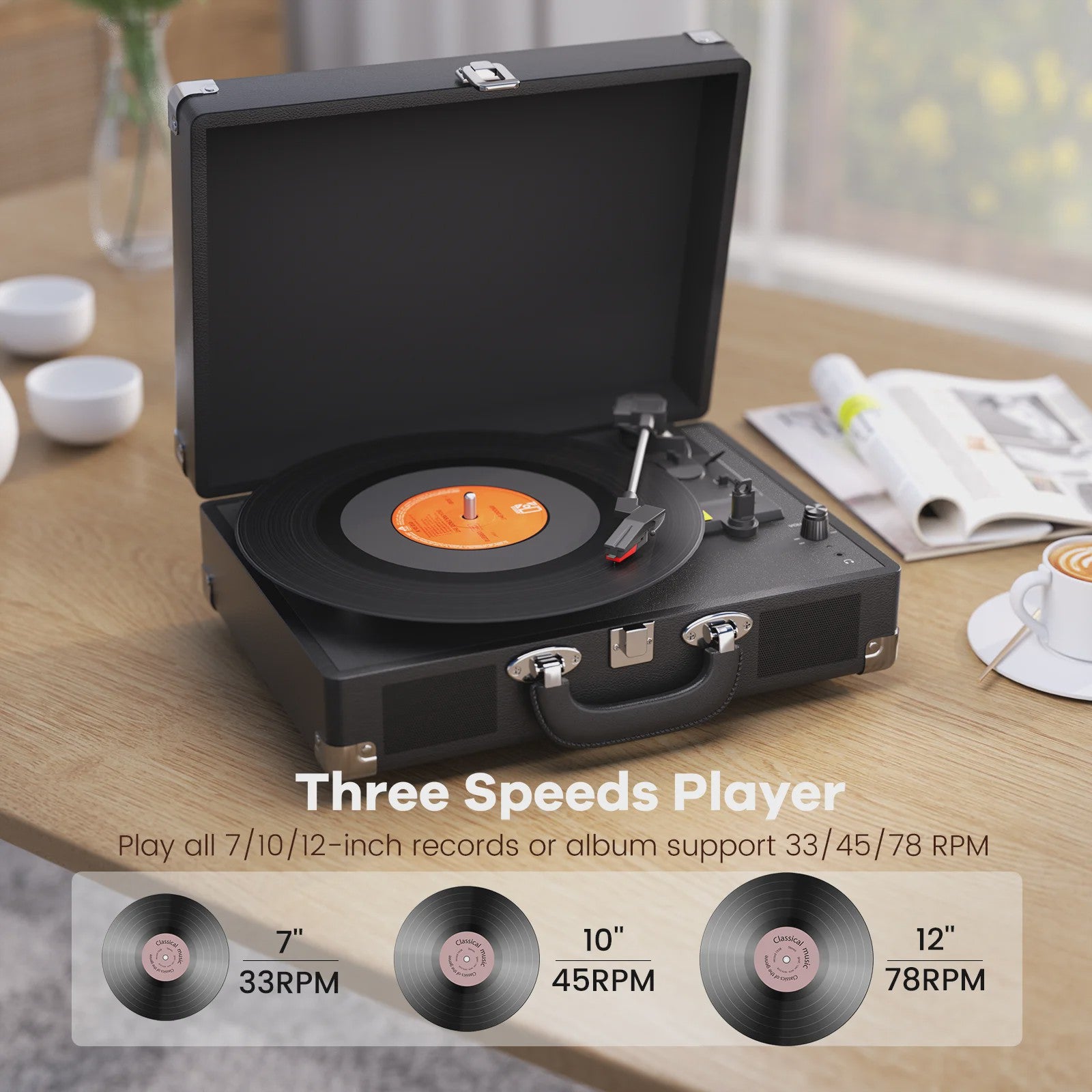 MAIO Platenspeler met Ingebouwde Stereo Speakers en Koptelefoonaansluiting - 3 Snelheden
