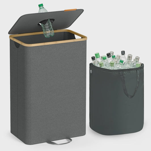 SONGMICS 100L Recycle Container met Deksel en Binnenzak - Grijze Flessenverzamelaar voor de Keuken