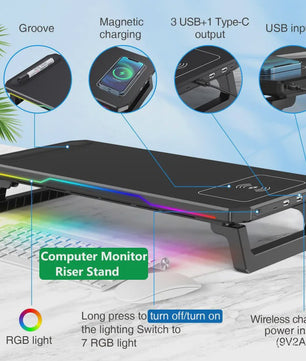 RGB Monitorstandaard met Draadloze Oplader en USB Hub