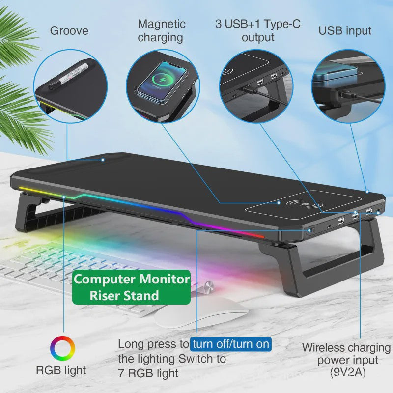 RGB Monitorstandaard met Draadloze Oplader en USB Hub