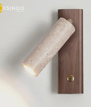 Wabi-Sabi Wandlamp Natuurlijk Geel Travertin Steen met Houten Basis & Draaibare Kap