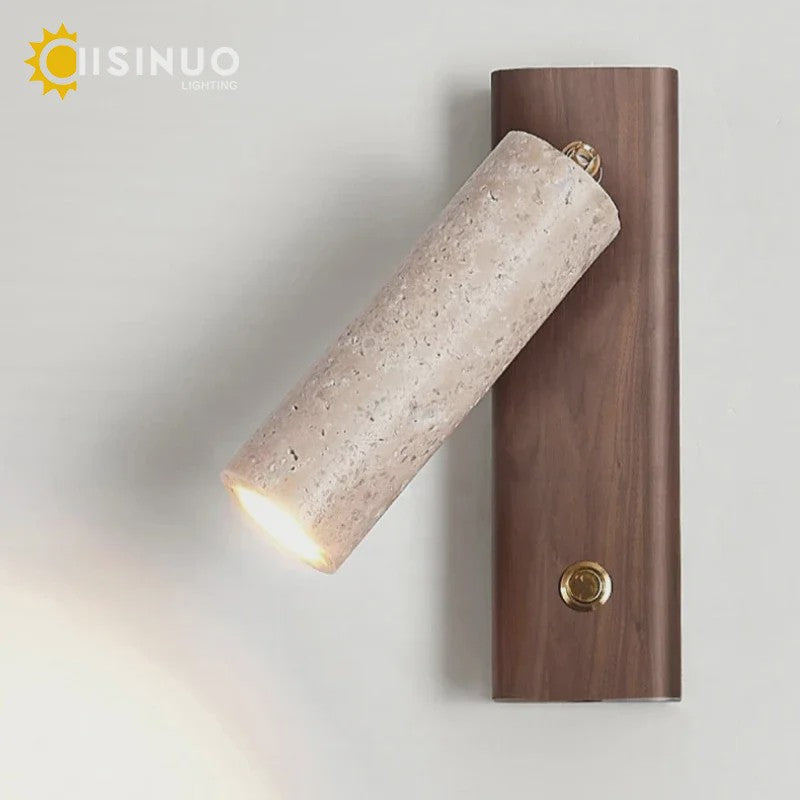 Wabi-Sabi Wandlamp Natuurlijk Geel Travertin Steen met Houten Basis & Draaibare Kap