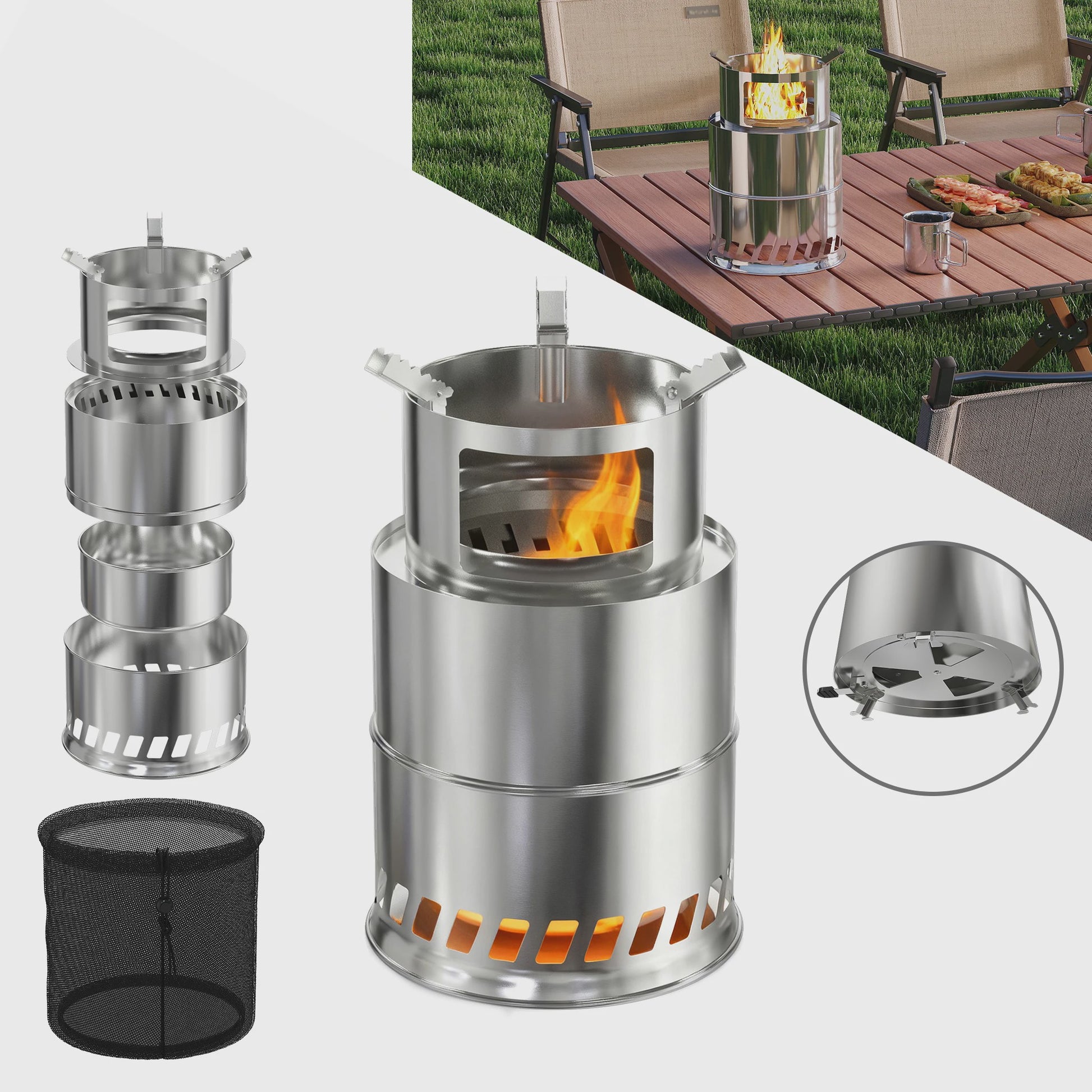Draagbare RVS Rocket Stove Camping Houtkachel - 20cm, Ideaal voor Buiten Koken, BBQ & Picknicks