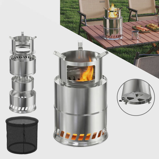 Draagbare RVS Rocket Stove Camping Houtkachel - 20cm, Ideaal voor Buiten Koken, BBQ & Picknicks