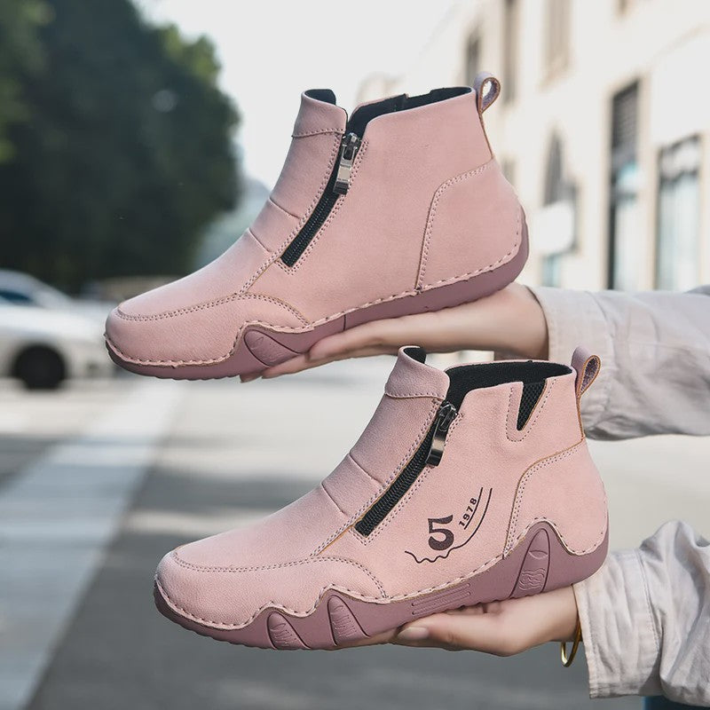 Dames Enkellaarsjes met Rits - Comfortabele Casual Leren Sneakers voor Lente & Herfst