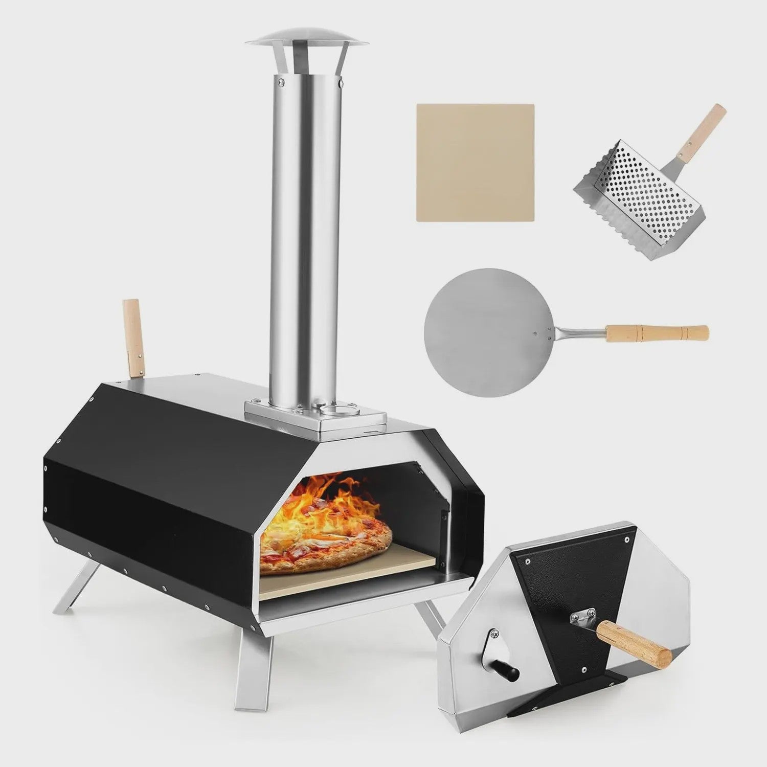 Draagbare Buiten Pizzaoven van RVS met Pizza Steen, Schep en Thermometer