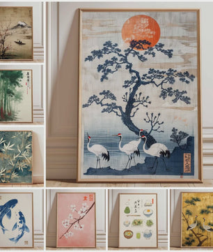 Japanse Kraanvogel Poster - Vintage Ukiyo-e Muurkunst met Rode Zon en Pijnboom