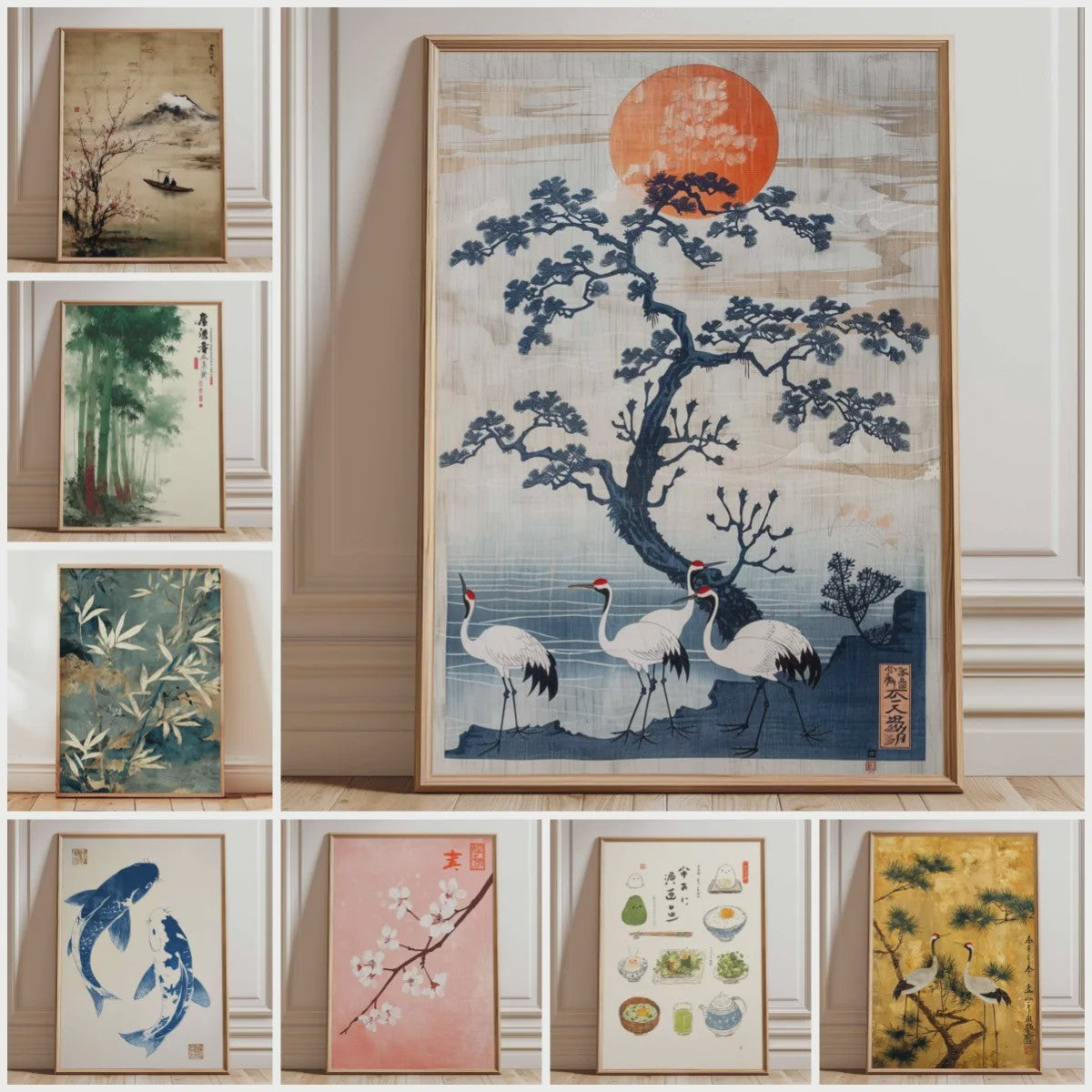 Japanse Kraanvogel Poster - Vintage Ukiyo-e Muurkunst met Rode Zon en Pijnboom