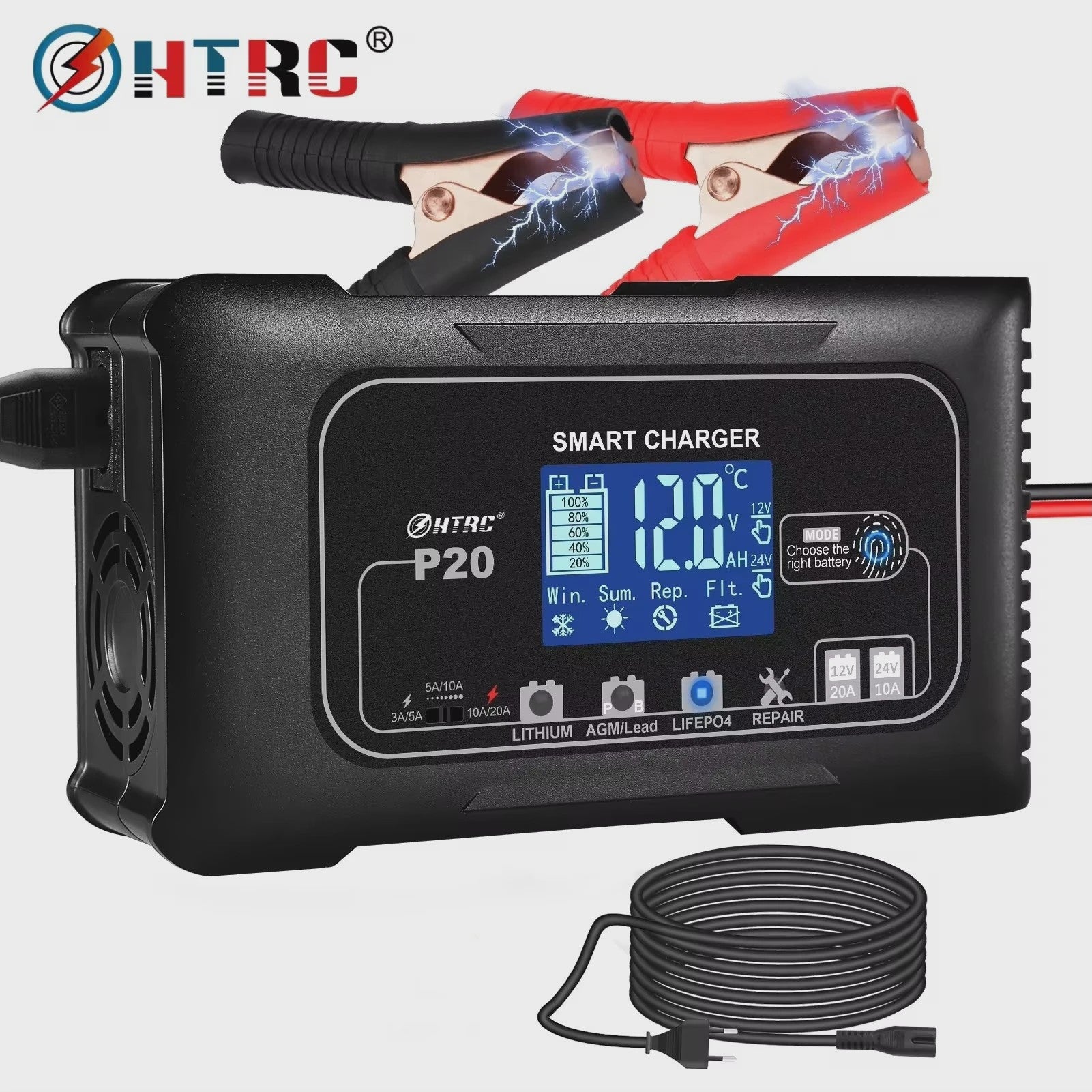 HTRC Slimme Acculader 12V/24V - Automatisch Laden & Reparatie voor Auto, Motor, LiFePO4, AGM