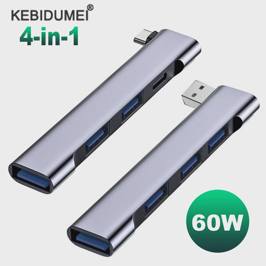 4-in-1 USB-C Hub met 60W PD Snelladen & USB 3.0 Poorten - Type C Adapter voor Laptop & Tablet