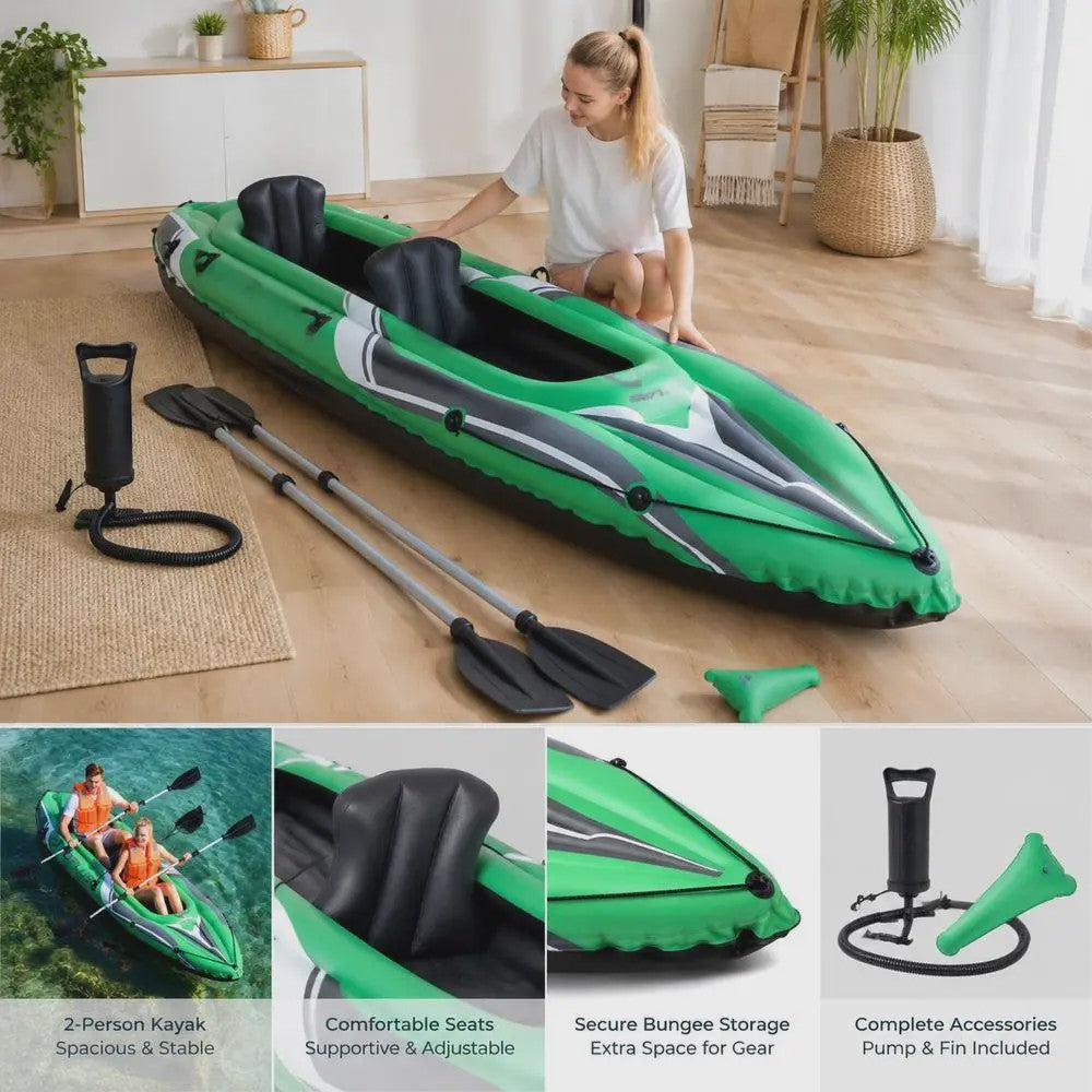 Opblaasbare Kajak voor 2 Personen - 11.5ft Groen - Inclusief Paddles & Pomp